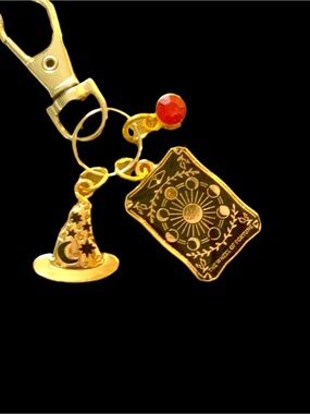 Gold-tone Wizard Hat & Tarot Wheel of Fortune Card Key Charm with Red Accent